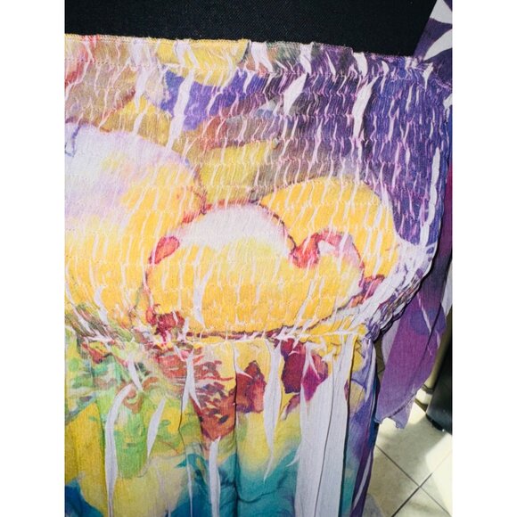 Unity World Wear Multicolor Pleated Floral Smock Dress L Flutter Sleeve L Boho - Picture 9 of 10